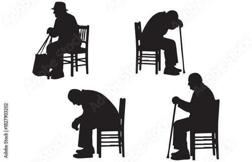 Silhouettes of elderly men sitting on chairs with walking sticks depicting various poses of rest and contemplation