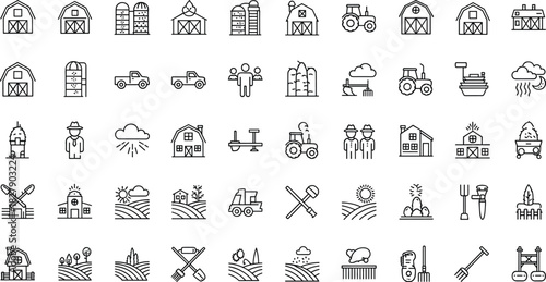 Farming icons, agriculture symbols, black line style, tractor, barn, silo, crops, tools, weather, animals, irrigation, rural, field, produce, farmer, machinery, graphic, grid,