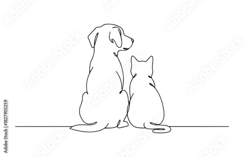 A simple line drawing depicts a loyal dog and a curious cat sitting together side by side