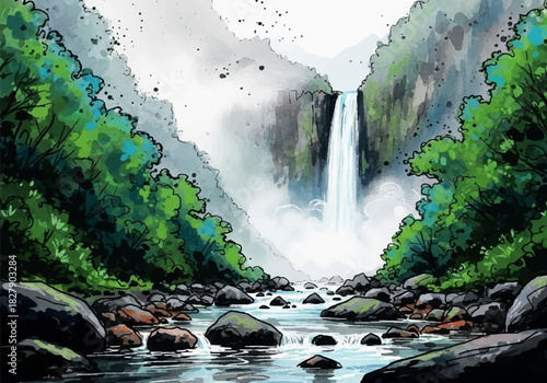 Watercolor painting of a majestic waterfall descending into a rocky river in a lush green valley