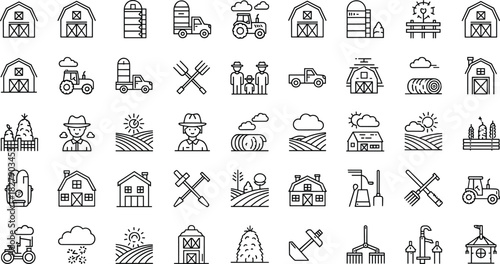 Farming icons, agriculture symbols, black silhouette style, barn, silo, tractor, crops, tools, animals, weather, field, rural, irrigation, produce, farmer, graphic, grid, collection, outline