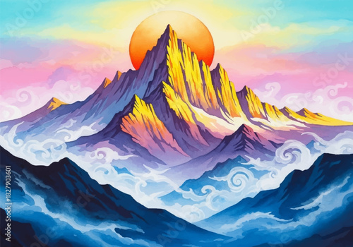 Vibrant watercolor painting of majestic mountains at sunrise, ethereal mist swirling below, a breathtaking nature scene