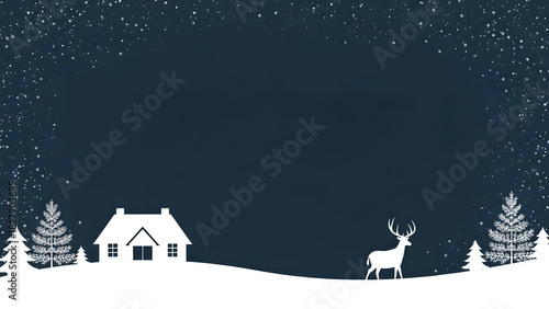 Dark Winter Night Background with House Silhouette, Reindeer, and Heavy Snowfall