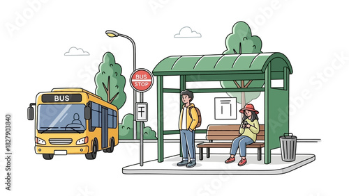 Modern bus stop shelter with people waiting and a yellow bus approaching on a street with trees and clouds overhead