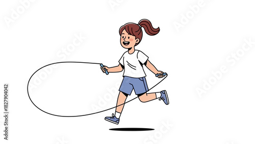 Happy young girl with brown ponytail enjoying a vigorous jump rope session outdoors