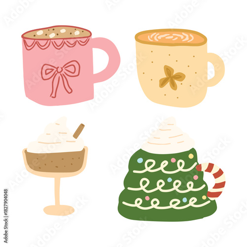 Christmas hot drink set on mug. Collection of handdrawn different beverages isolated on white background. 