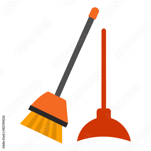 Cleaning broom and dustpan set isolated on white vector illustration