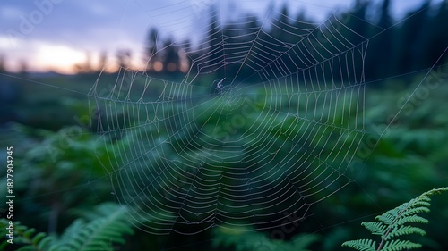 Spider web hanging over green forest plants in soft morning light
