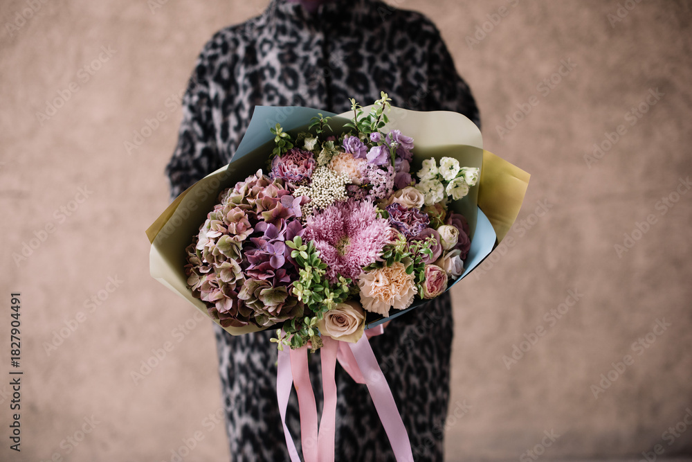 custom made wallpaper toronto digitalVery nice young woman holding big and beautiful bouquet of fresh flowers in colors