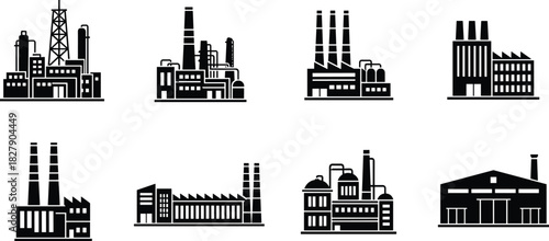Industrial building silhouette, factory icon, smokestack structure, black vector, urban facility, manufacturing zone, pollution concept, energy plant, infrastructure graphic, production site