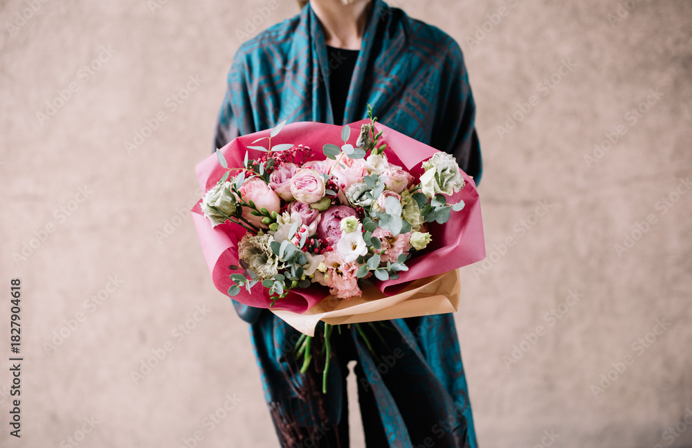 custom made wallpaper toronto digitalVery nice young woman holding big and beautiful bouquet of fresh roses, eustoma, eucalyptus flowers in pink and white colors