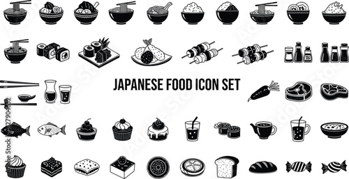 Japanese food icons, sushi vector set, ramen illustrations, traditional cuisine symbols, black silhouette graphics, culinary design elements, Asian dishes