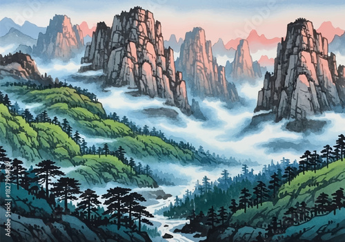 Vibrant watercolor illustration capturing majestic Asian mountains with serene mist and flowing river