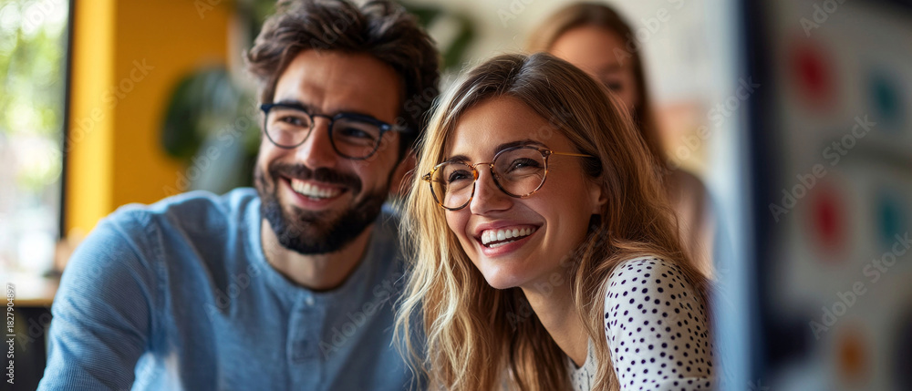 Obraz premium A happy couple wearing glasses and smiling at the camera in a home setting can serve as an atmospheric backdrop for advertising family values or friendships.