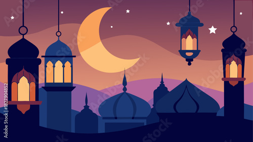 Illustration of a ramadan night scene with crescent moon, lanterns, and mosque silhouettes in the background
