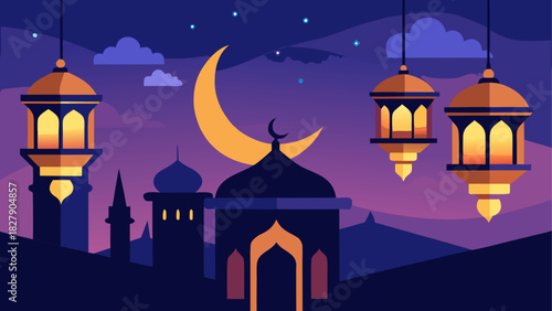 Illustration of a mosque with a crescent moon and lanterns against a night sky background design