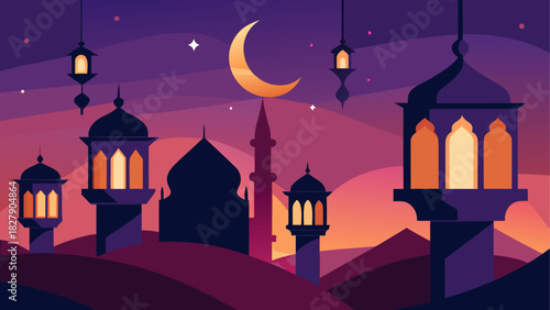 Illustration of a mosque with lanterns and a crescent moon against a purple and orange sky at night