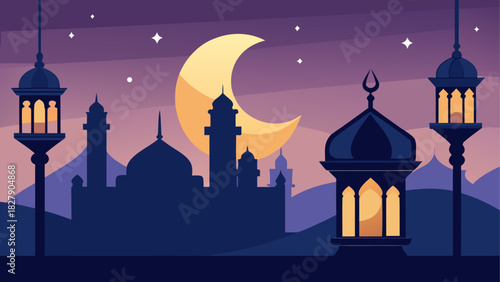 Illustration of a mosque silhouette with lanterns and crescent moon at night for ramadan kareem theme