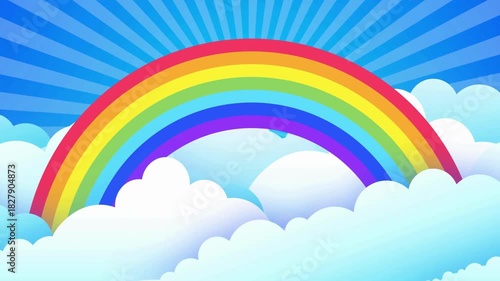 A cartoon rainbow arches over fluffy white clouds against a blue sky with radiating lines