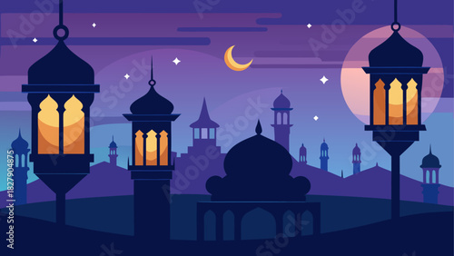 Illustration of a night cityscape with lanterns, crescent moon, and stars in a purple and blue sky