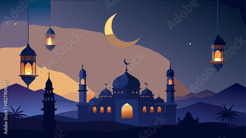 Illustration of a mosque at night with a crescent moon and hanging lanterns in the sky above it