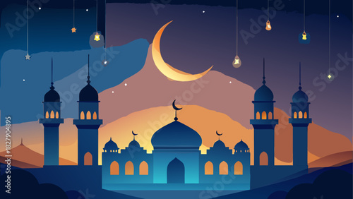 Illustration of a mosque with crescent moon and stars in the night sky for ramadan celebration