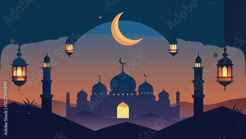 Silhouette of a mosque with minarets under a crescent moon and hanging lanterns at dusk in a vector art