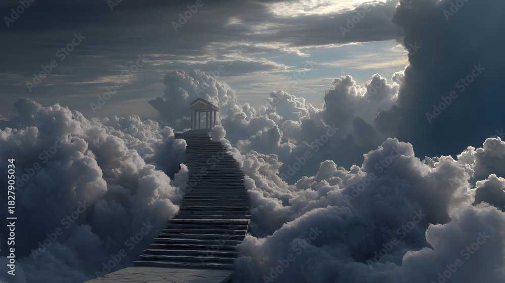 Obraz premium Stairway reaching temple in tranquil sky with clouds