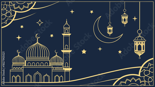 Illustration of a mosque with crescent moon and lanterns on a dark blue background with stars design
