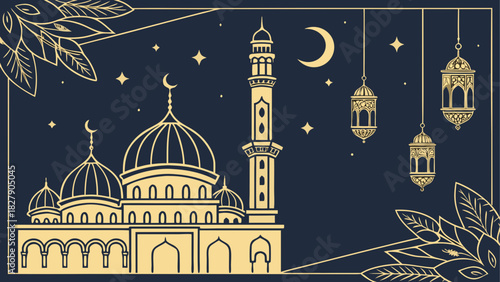 Illustration of a golden mosque with crescent moon and hanging lanterns on a dark blue background