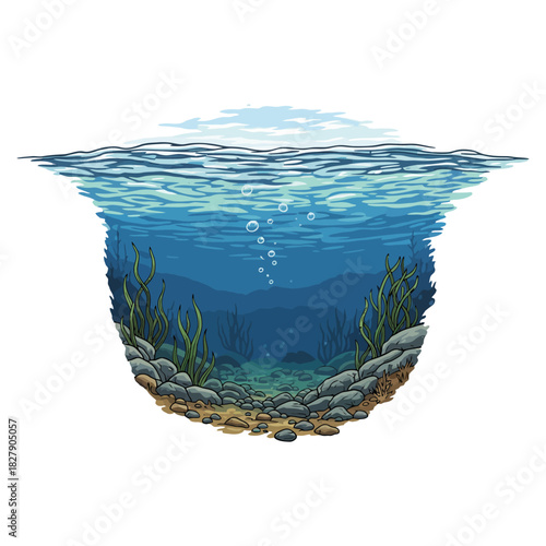 Cross section of a river or lake underwater showing the surface, depth, and riverbed