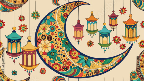 Aesthetic illustration featuring crescent moons and hanging lanterns with floral accents and soft color palette