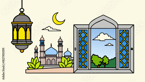 Illustration of a mosque with a lantern, moon, and window with a nature view in cartoon style