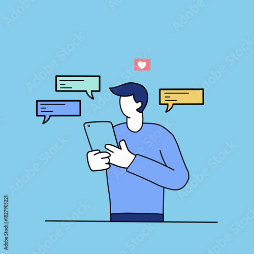 a man is holding a cell phone while serving Customer or client support with chat bubbles surrounding Flat Style Cartoon Background