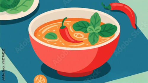 Delicious and healthy vegetarian tomato vegetable soup in a red bowl isolated on white for a fresh dinner meal