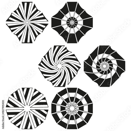 Nine abstract shapes. Dynamic radial patterns. Geometric Vector element set. Black white graphic