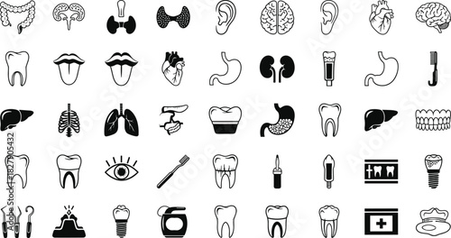Medical icon set, anatomy symbols, black vector, healthcare tools, human organs, dental items, syringe graphic, diagnostic chart, body parts, hospital equipment