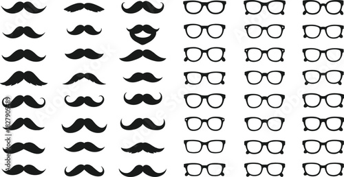 Mustache and eyeglass icons, facial accessory silhouettes, black vector set, retro style graphics, grooming symbols, fashion illustration elements