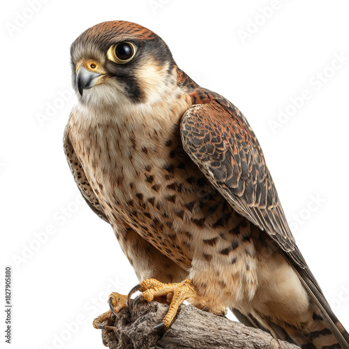 Png of juvenile brown falcon perched on a branch isolated on transparent background, showcasing its distinctive plumage