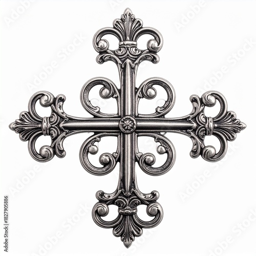 Old silver vintage cross with an ornate monogram pattern. Presented as an isolated ornament on a pure white background, ready for use in various projects.