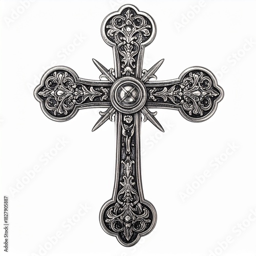 Textured old silver vintage monogrammed cross as a decorative ornament. Isolated on a crisp white background, highlighting its aged metal and intricate details.