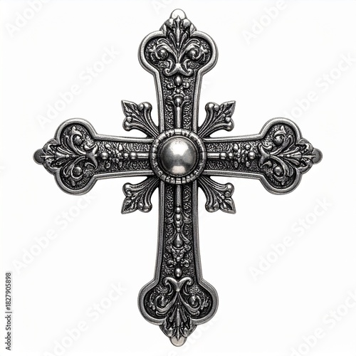 Decorative vintage silver filigree cross with a monogram design. Close-up on a clean white isolated background, perfect for design and historical themes.
