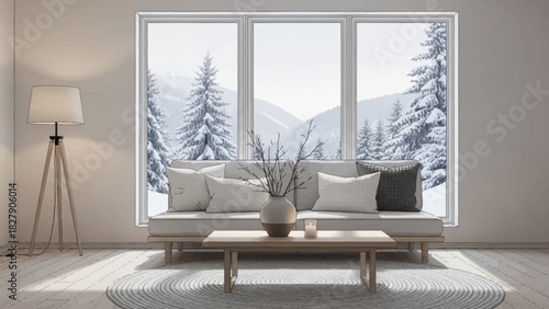 A cozy minimalist living room with a large window looking out onto a serene, snowy mountain landscape.