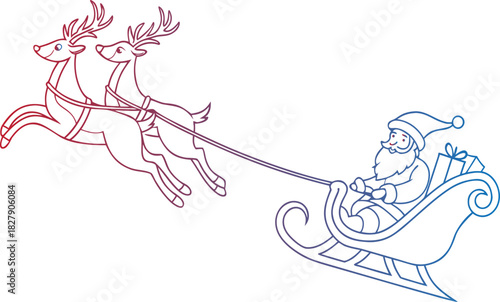 Outline drawing of santa claus riding a sleigh pulled by two reindeer, isolated on white background