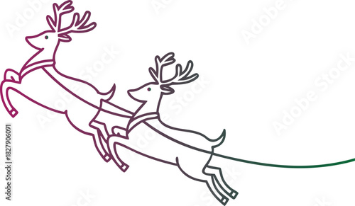 Minimalist line art illustration featuring two reindeer pulling a sleigh, rendered in a gradient outline style, isolated on white background for easy graphic use
