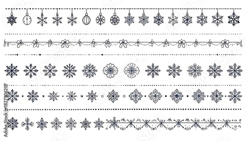 Black and white patterned border elements, including snowflakes, flower-like shapes, and bead strings on a white backdrop