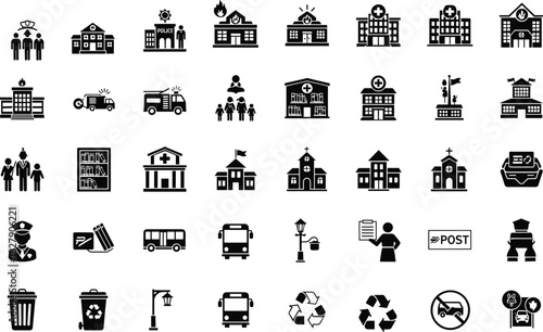 Public service icons, civic infrastructure symbols, government building graphics, emergency vehicle signs, urban planning visuals, municipal services pictograms, black icon set