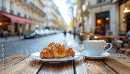 Fototapeta Naklejka Na Ścianę i Meble -  A fresh croissant and a cup of coffee on a wooden table at a Parisian street cafe.