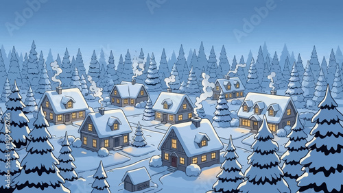 A cozy cartoon village nestled in a snowy evergreen forest at dusk, with warm lights glowing from the windows.