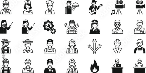 Profession icon set, occupation symbols, black vector, career illustration, job roles, workforce graphic, employment icons, industry people, vocational design, skill-based roles